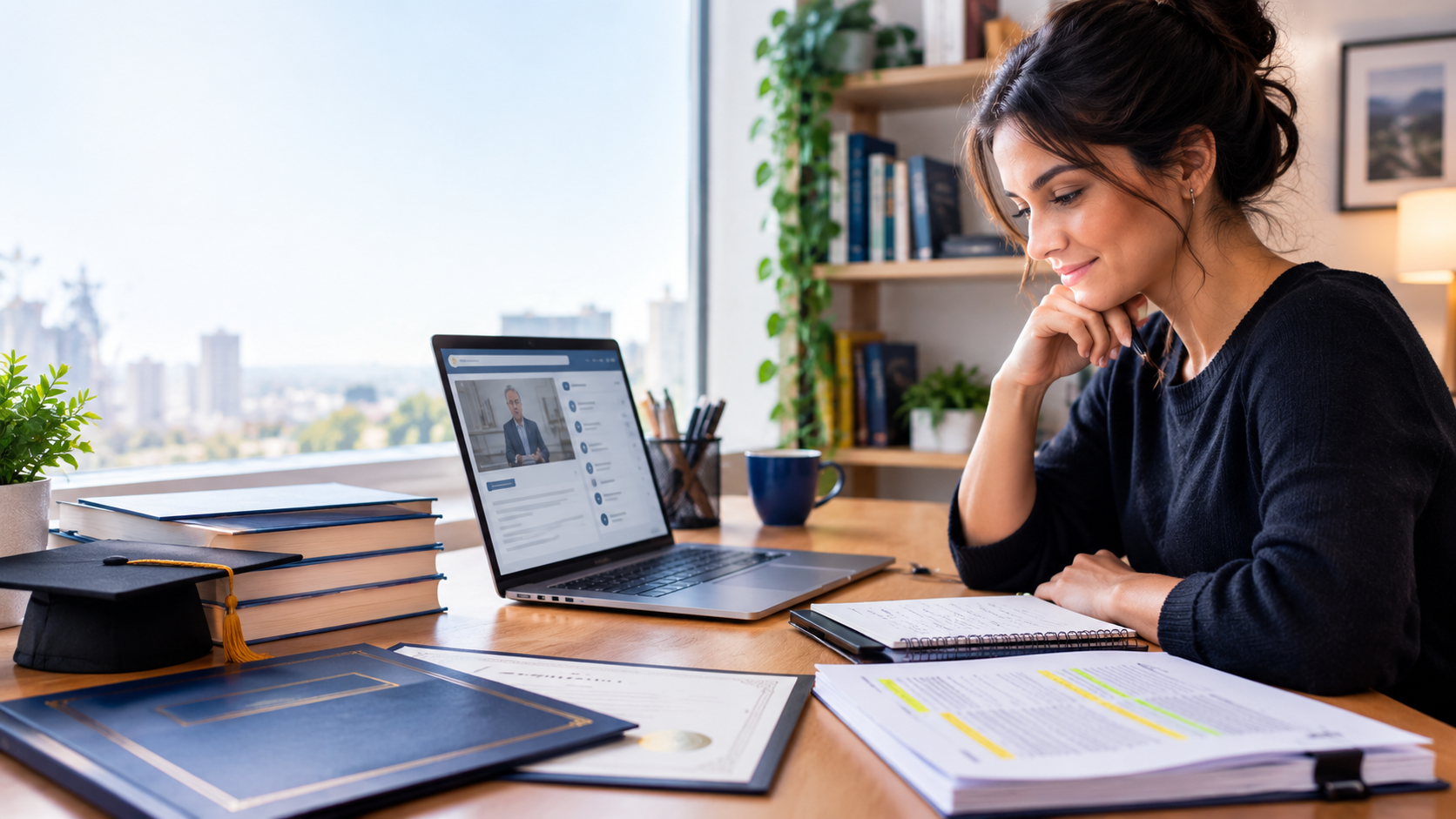 Mulher estuda online, cercada por livros, diploma e capelo. Aula virtual em notebook mostra professor. Ambiente de estudo e sucesso.