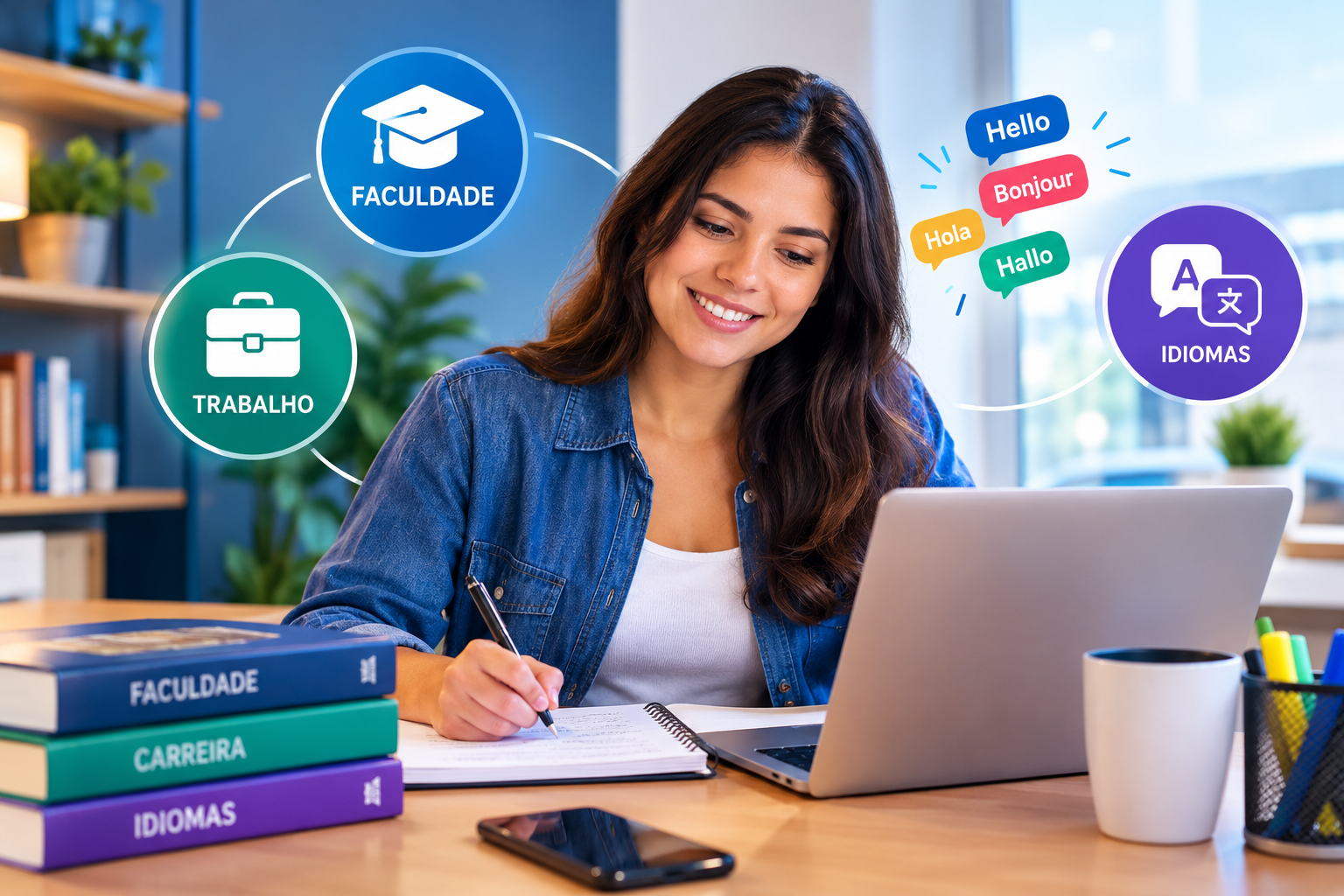 Estudante sorridente a escrever ao portátil, cercada por ícones e livros dedicados ao desenvolvimento académico, carreira profissional e aprendizagem de idiomas.