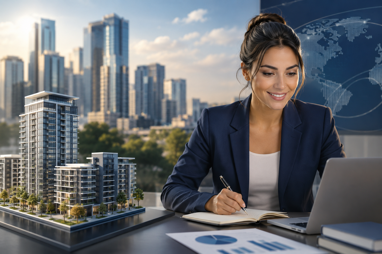 Mulher fazendo anotações ao lado de notebook e maquete de edifícios, com gráficos sobre a mesa, paisagem urbana e mapa-múndi ao fundo.