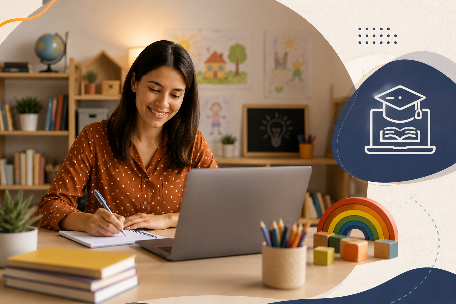 Mulher sorri enquanto estuda online em casa. Educação à distância, aprendizado virtual e trabalho home office ilustrados.