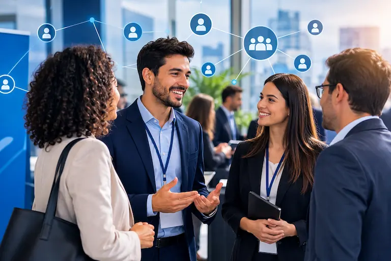 Profissionais a fazer networking num evento empresarial com um gráfico de rede de conexões sobreposto aos participantes.