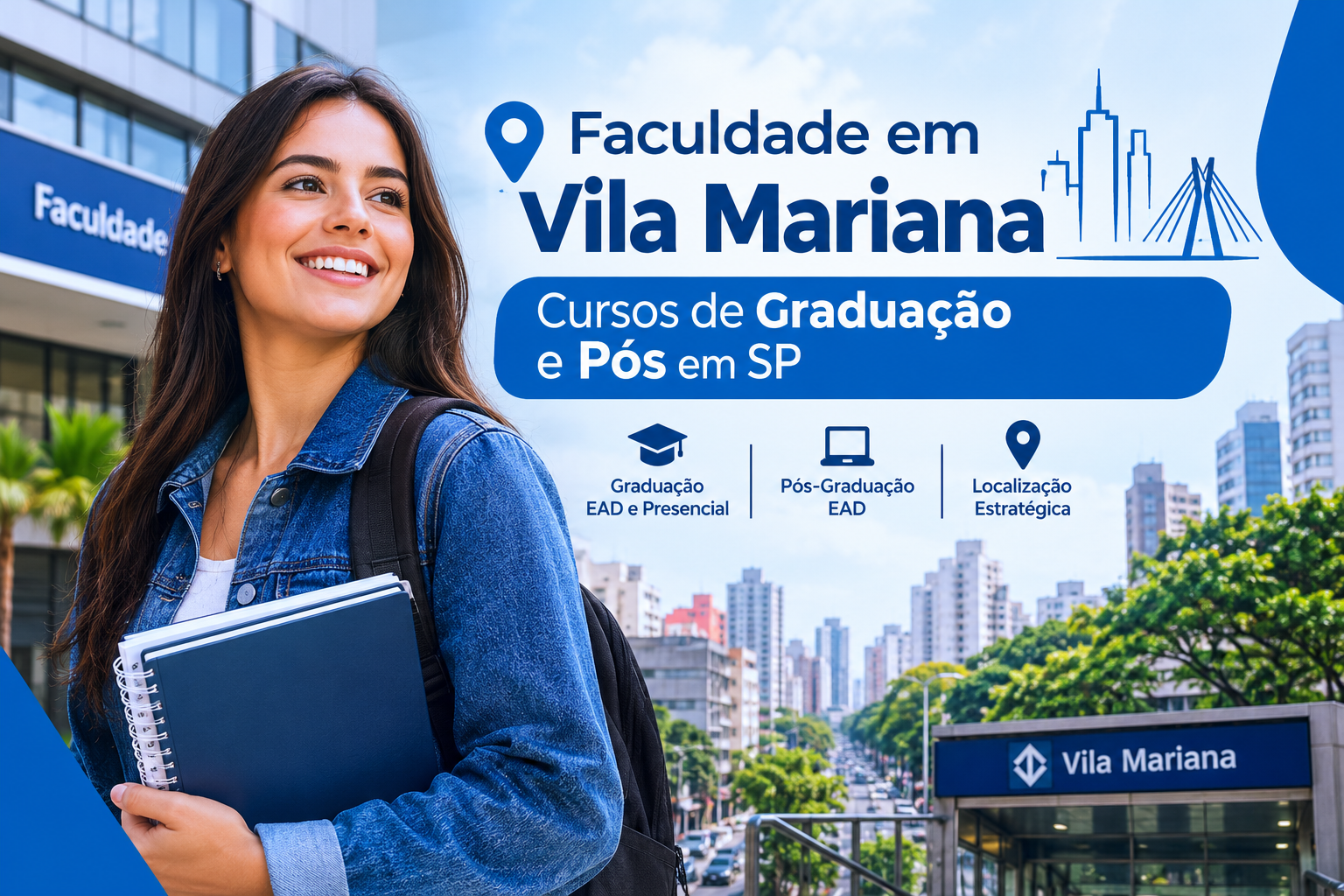 Banner promocional de faculdade na Vila Mariana em São Paulo, com uma estudante com cadernos ao lado de elementos do bairro, como a estação de metro e a vista da cidade.