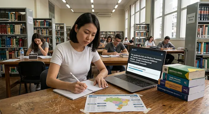 Estudante a tomar notas numa biblioteca enquanto assiste a uma aula online de pós-graduação em Direito no portátil, rodeada por livros jurídicos.
