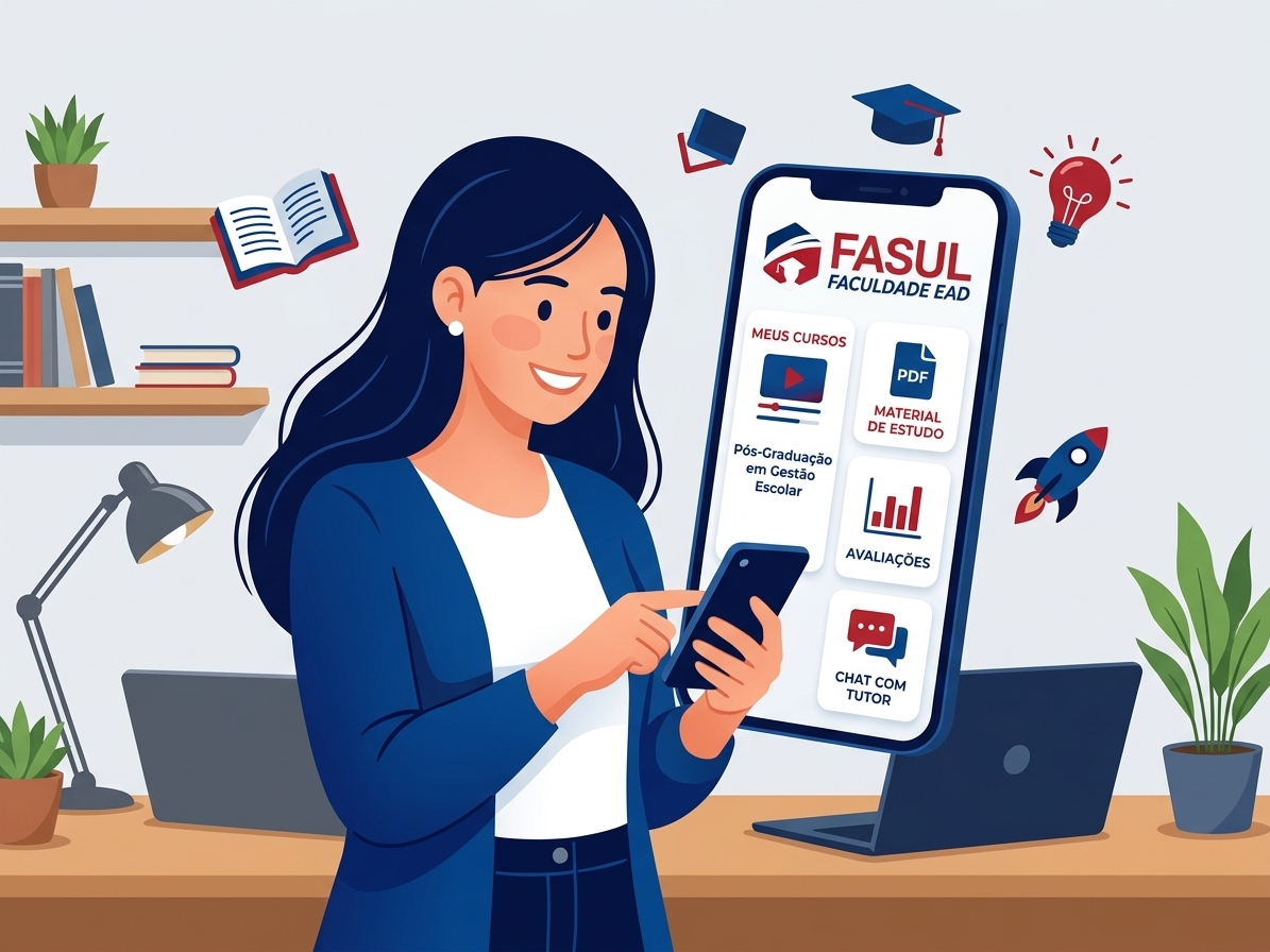 Ilustração de uma estudante a aceder à plataforma virtual da FASUL Faculdade EAD através do telemóvel, com recursos como aulas, materiais de estudo e suporte ao aluno.