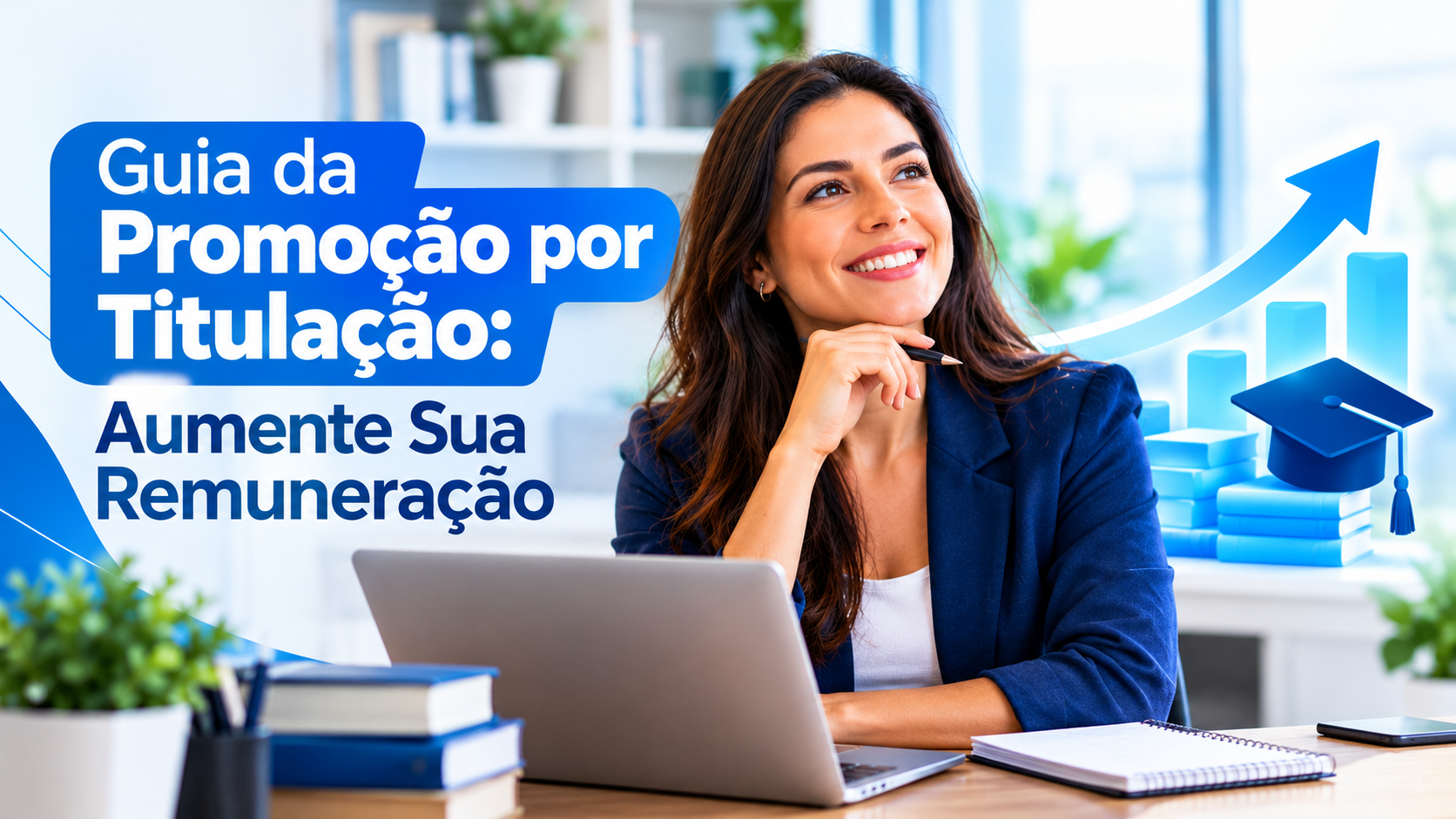 Banner informativo sobre promoção por titulação e aumento de remuneração, mostrando uma profissional ao portátil com gráficos de crescimento e um capelo.