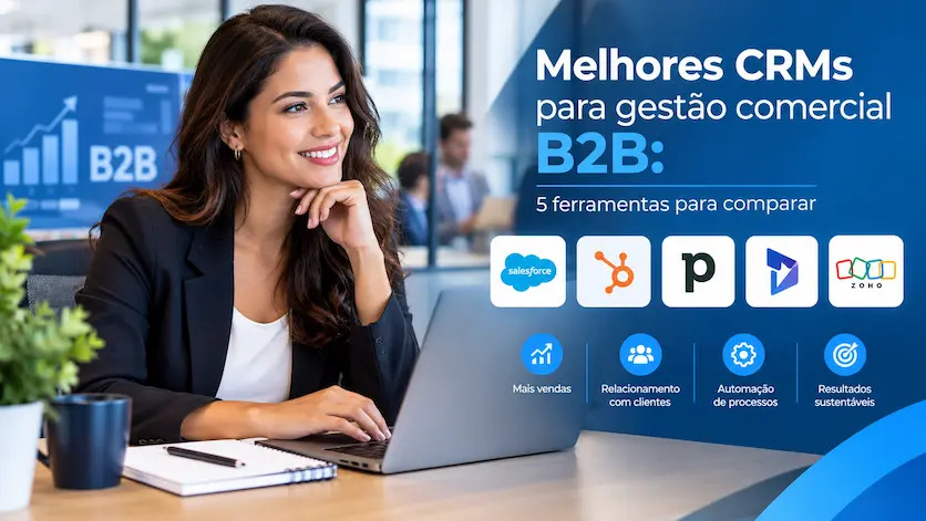 Banner com uma profissional a usar o portátil e o texto "Melhores CRMs para gestão comercial B2B", apresentando os logótipos das ferramentas Salesforce, HubSpot, Pipedrive, RD Station e Zoho.