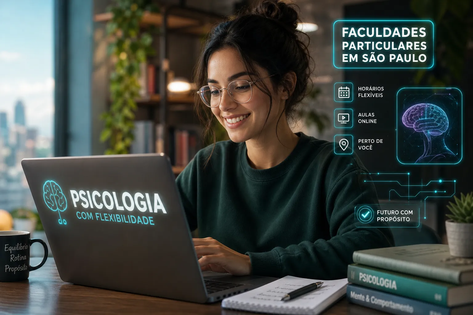 Jovem estudante sorri ao utilizar o portátil para estudar psicologia online, rodeada por ícones e textos em néon sobre faculdades particulares em São Paulo.