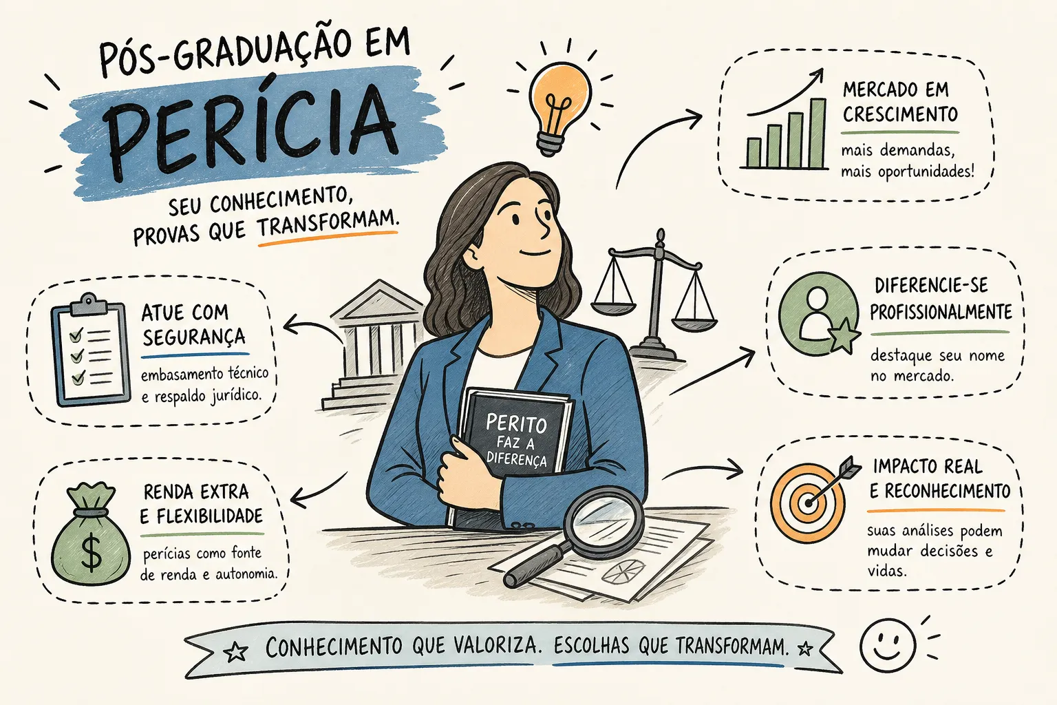 Infográfico ilustrado com uma profissional ao centro destacando os benefícios de uma pós-graduação em perícia: segurança, renda extra, crescimento no mercado, diferenciação e impacto