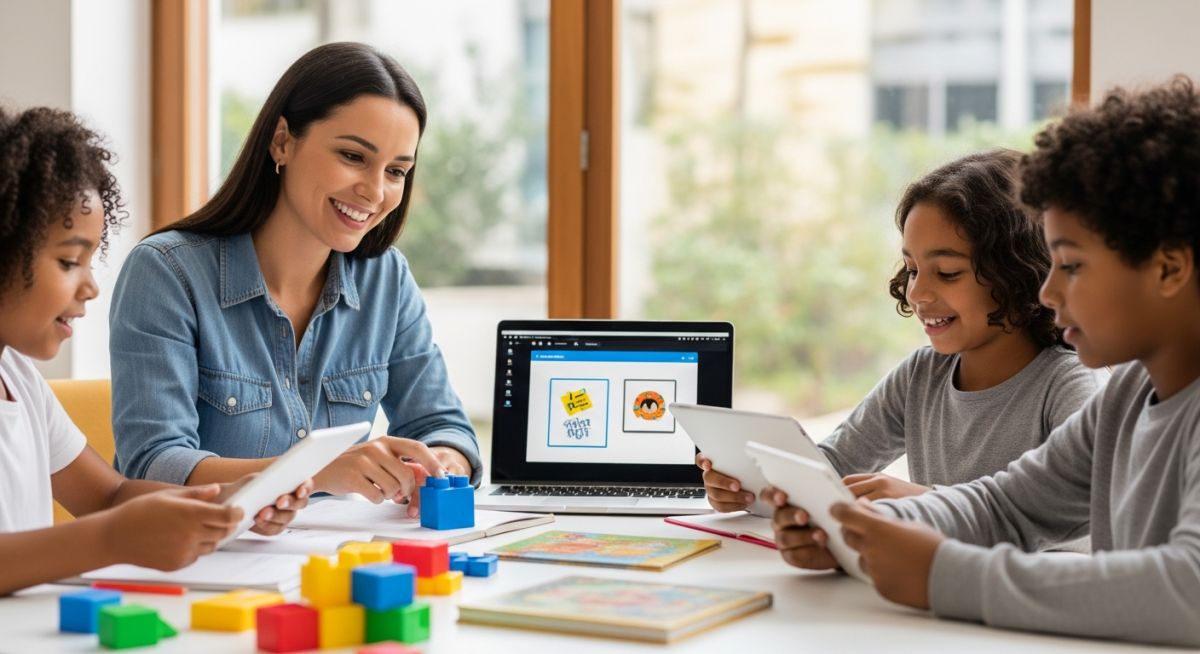 Professora orientando três crianças em atividades educativas com tablets, notebook, livros ilustrados e blocos de montar coloridos.