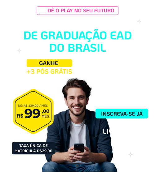 Homem sorrindo com celular em campanha de graduação EAD da FASUL, com mensalidades a partir de R$ 99 e três pós-graduações grátis