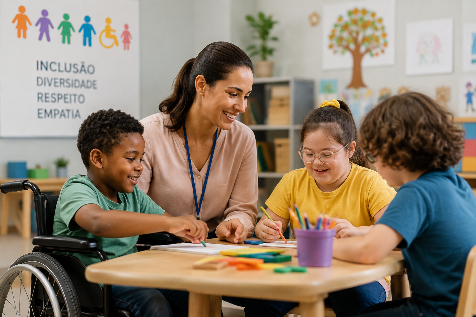 professora ajudando seus alunos com necessidades especiais