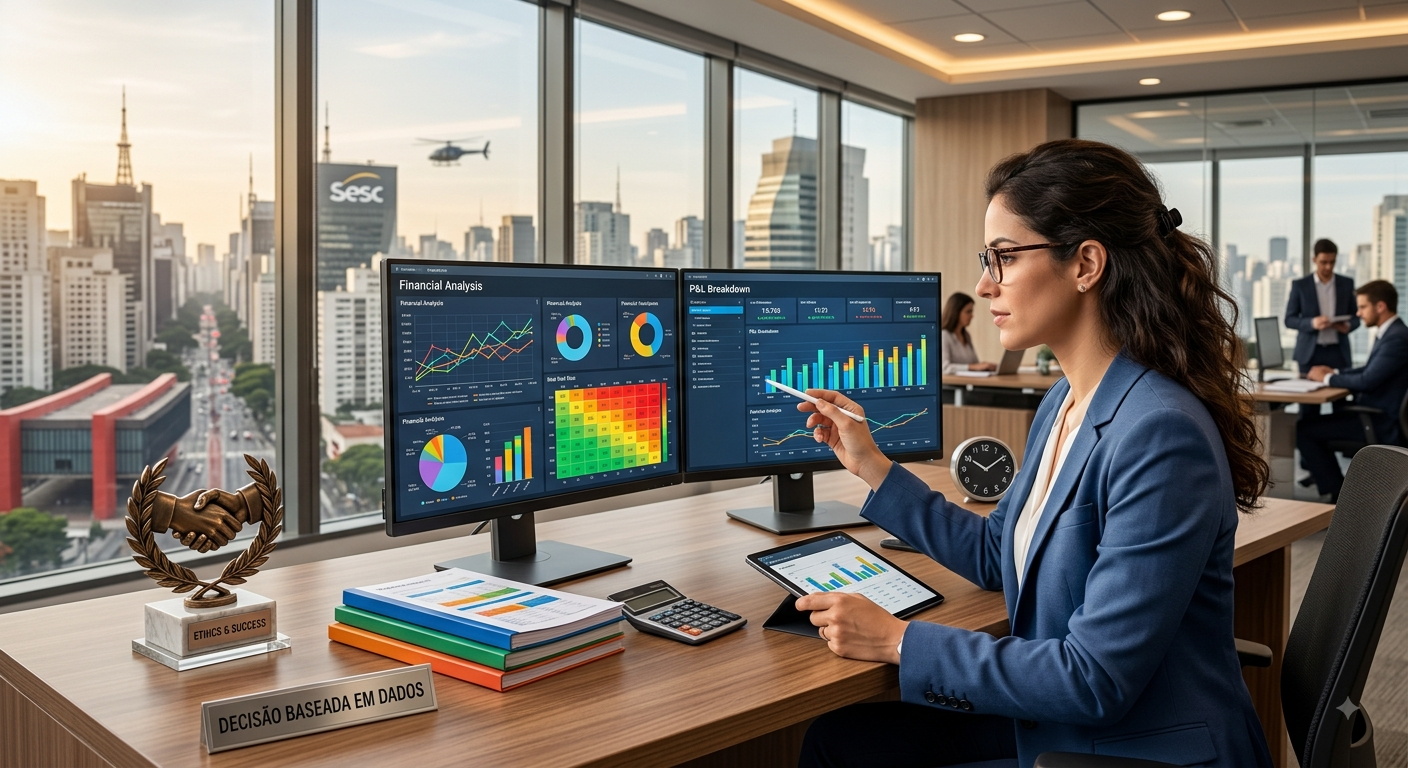 Uma mulher de blazer azul e óculos aponta com uma caneta para dois monitores que exibem gráficos financeiros complexos, como gráficos de barras e de pizza coloridos, em um escritório moderno em São Paulo. Ela está sentada em uma mesa de madeira com uma ca